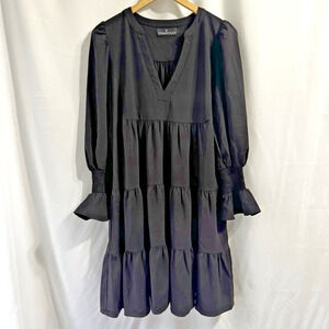 Pomander Place Crepe Kenzo V-Neck Tiered Mini Swing Dress Black Women's Size M